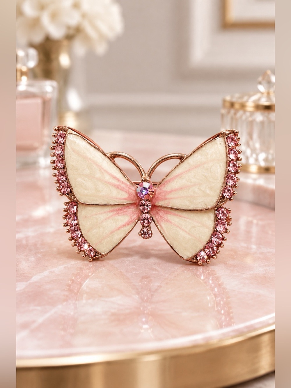 Vintage Pink Rhinestone Butterfly Brooch Silver Tone Cream Wing Pin